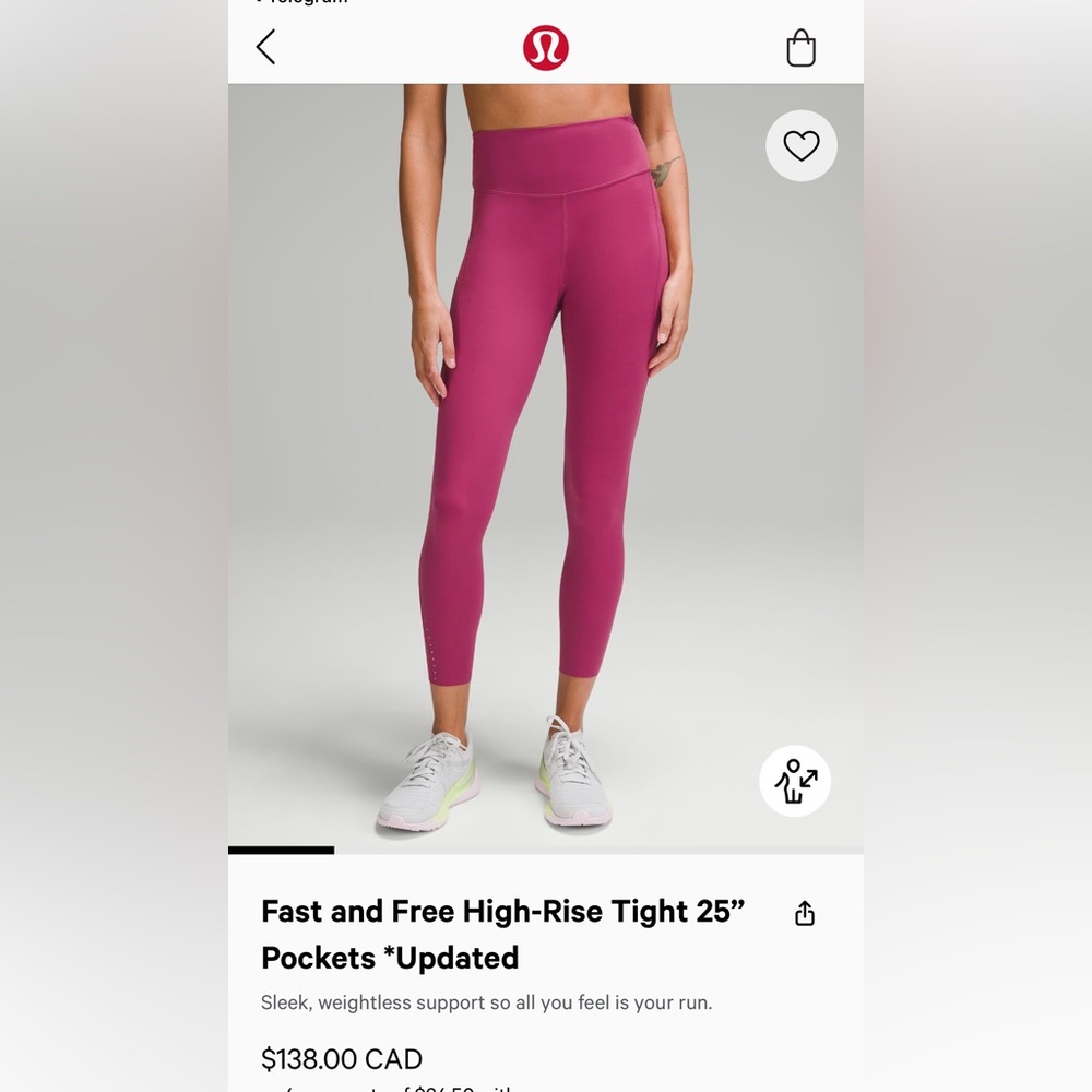 Lululemon leggings size 8 fast and free High Rise Tight 25”